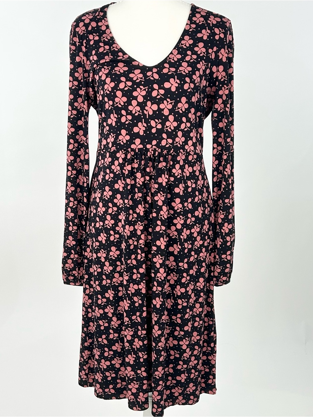Boden Hattie Jersey Dress Pink Clover Floral Black Long Sleeve US 10L